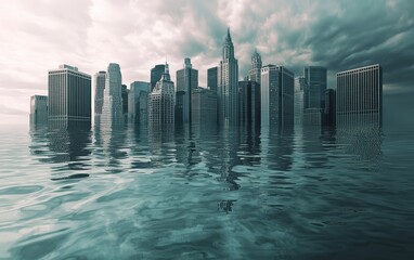 Fototapeta premium A submerged cityscape with buildings partially underwater, depicting rising sea levels