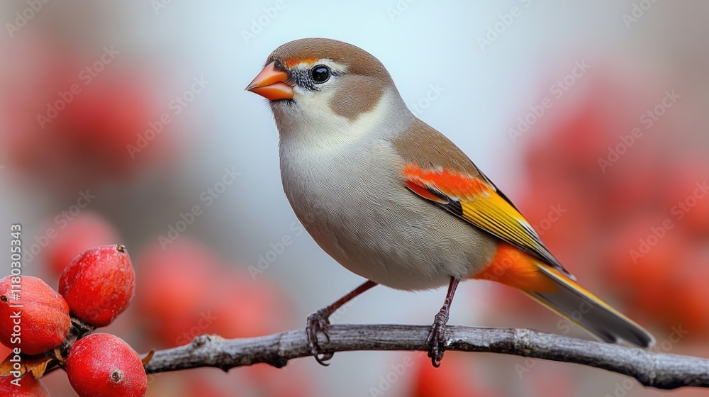 Aufkleber a small bird sits comfortably on the branch of a tree, surrounded by leaves and maybe some fruits