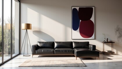 Modern art deco interior living room with a black leather sofa, a floor lamp, and a large abstract painting on the wall.