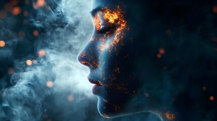 A surreal profile of a human face blending into cosmic elements, with glowing fiery neurons. human thought, imagination, and the vastness of the cosmos, creativity, and the mysteries of the human mind