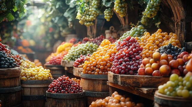 Fresh fruits on wooden barrels in a rustic market