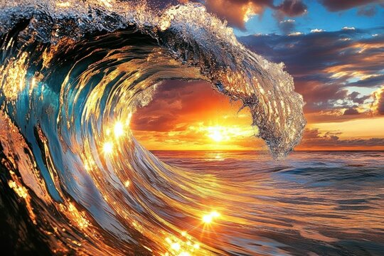Ocean wave sunset; vibrant colors, tropical beach background;  advertising, desktop