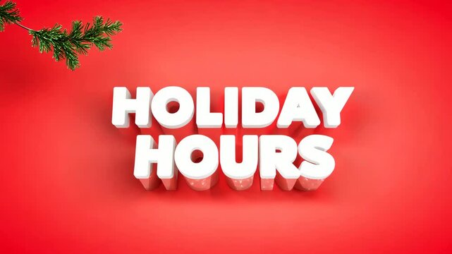 Bold white "Holiday Hours" text displayed on a vivid red festive background with a celebratory theme