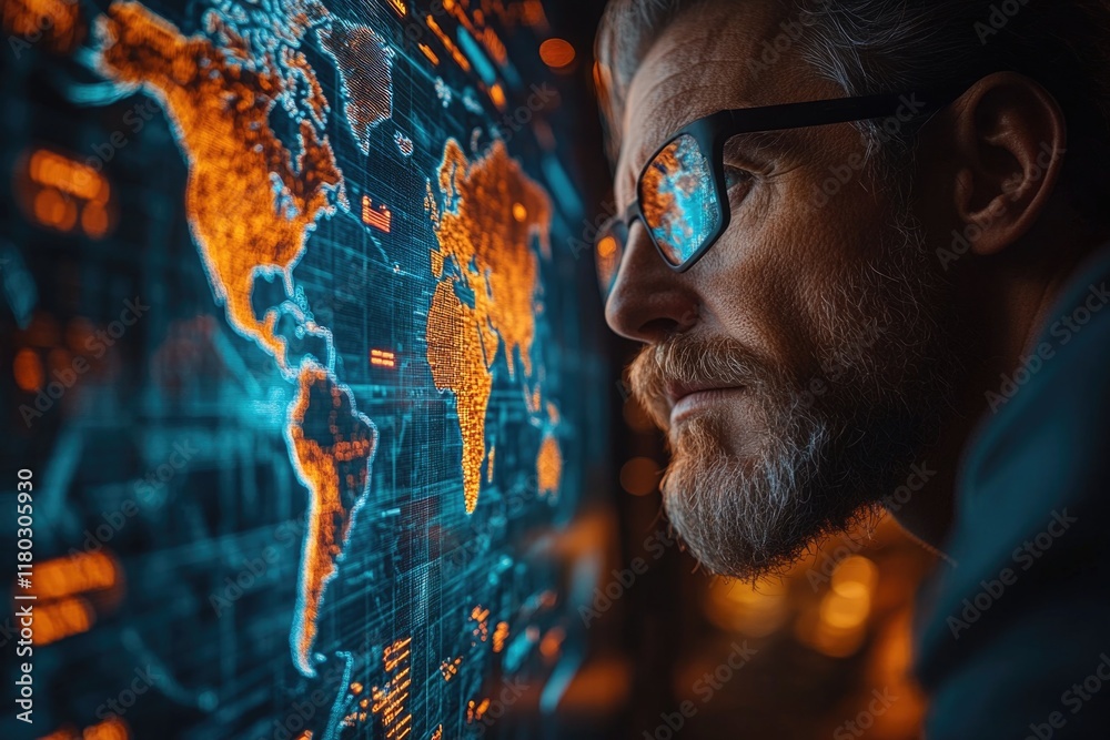Poster A person studying a global map with various features and markings