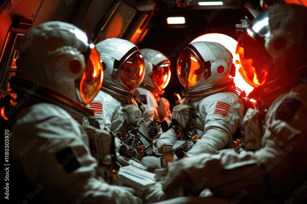 Poster group of astronauts relaxing in a space station, great for sci-fi themed projects and stories