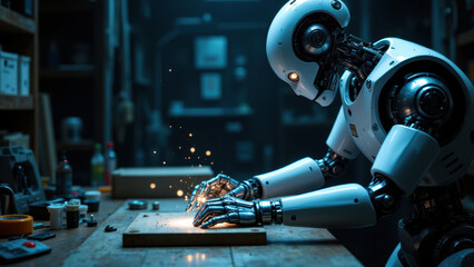 An AI robot examining a mechanical part with intense focus.