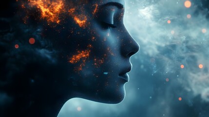 Obraz premium A surreal profile of a human face blending into cosmic elements, with glowing fiery neurons. human thought, imagination, and the vastness of the cosmos, creativity, and the mysteries of the human mind