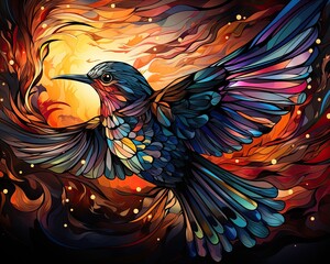 Obraz premium Colorful hummingbird in flight amidst fiery abstract swirls.