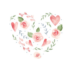 Floral Heart shaped composition for Valentine's day or Wedding. Pink roses and hearts. Simple minimalistic Watercolor painting. Hand drawn romantic illustration isolated on a white background. For