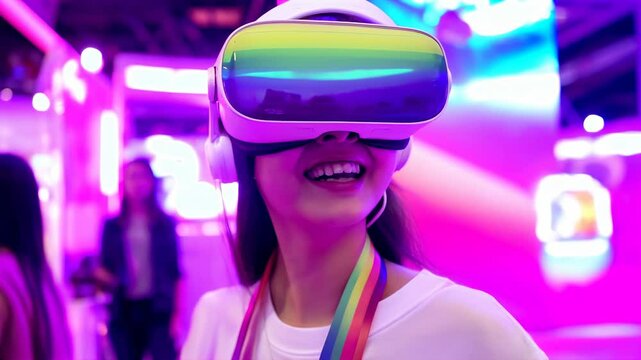 Lively pride themed tech showcase with interactive vr stations and an enthusiastic diverse crowd

