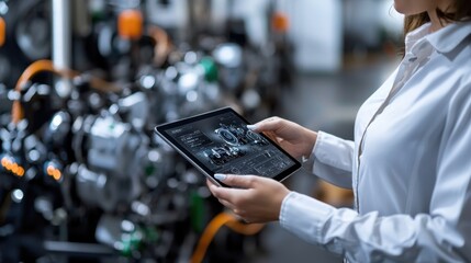 A woman is holding a tablet in front of a car engine