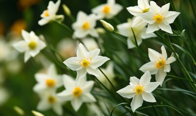 Closest view of delicate white flowers with yellow centers, in full bloom on green branches.
