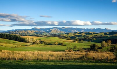 Obraz premium Countryside scene with rolling hills and mountains in the distance under blue sky