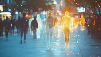 Ethereal digital silhouettes merge with a vibrant cityscape, glowing figures walking amidst blurred urban life, blending reality with digital art.