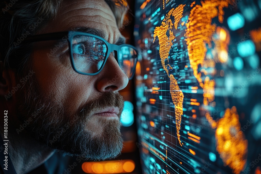 Poster a person wearing glasses sits in front of a computer, focused on the screen