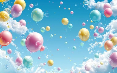 Fototapeta premium A background of colorful balloons floating against a bright blue sky for birthdays or joyful events