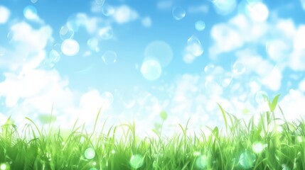 Fototapeta premium World environment day concept: green grass and blue sky abstract background with bokeh