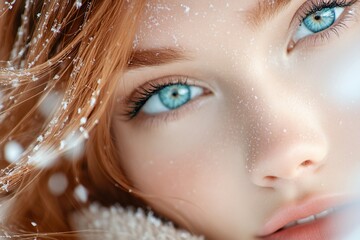 Woman's face, winter snow, outdoor portrait, beauty