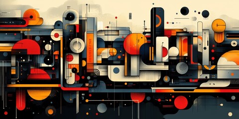 Abstract Geometric Composition with Circles, Rectangles, and Lines in Vibrant Red, Black, and Orange Tones Blending Seamlessly Across the Canvas