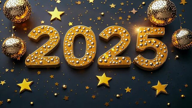 Golden numbers 2025, splashed onto a dark backdrop with glittering stars and gold spheres. Suggests a festive and luxurious celebration of the New Year.