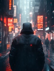 Person in hooded jacket walking alone in a rainy futuristic city at night.