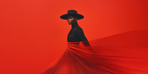 Fashion magazine. Arty portrait of beautiful african female model wearing red and black designer dress on scarlet background. Haute couture style. Text space. Banner style. Studio shot