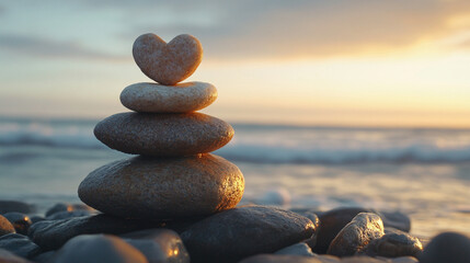 Heart-shaped rock formation by the sea in a serene coastal landscape symbolizing love unity and connection with soft waves and a calming horizon suggesting timeless romance and peaceful solitude

