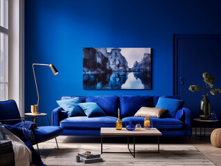Color drenched cobalt blue living room with blue walls, blue couch and large artwork on the wall. Modern bright living room. Statement living room interior.