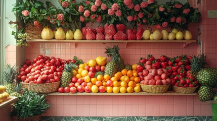 Colorful fruit market display with fresh produce