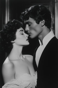 A couple shares an intimate embrace, capturing the essence of romance and elegance. The man wears tuxedo, while the woman is in a delicate, flowing dress. Retro, vintage poster style. Studio shot