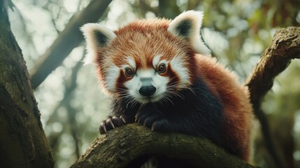 A red panda sitting on top of a tree branch, natural habitat