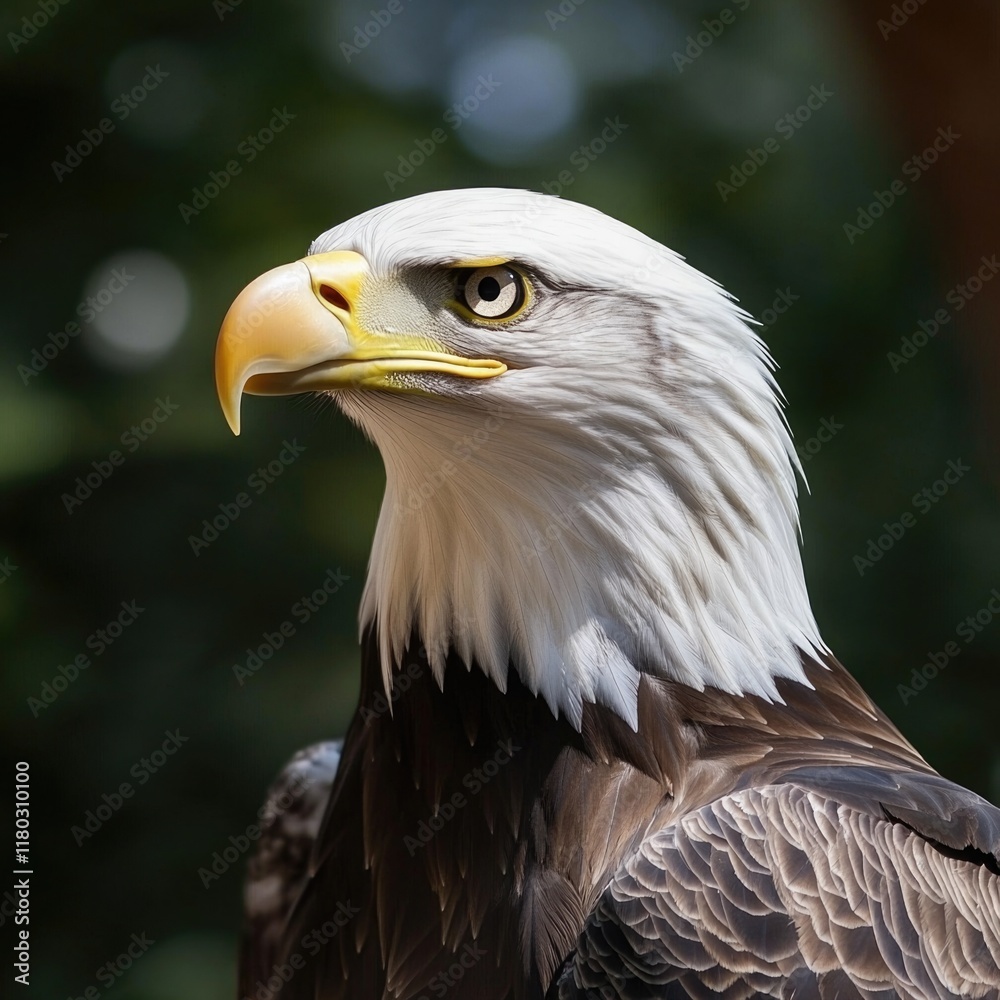 Poster a close-up view of a bald eagle perched among tree branches