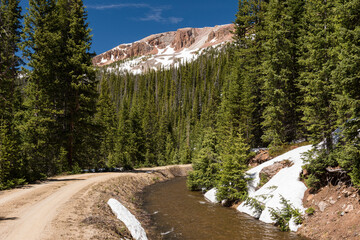 The Michigan Trail is located near Cameron Pass is used by outdoor enthusiasts. The trail is 5 miles out with a gradual elevation gain. This is in early June with snow that still covers the forest.