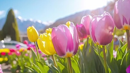 Spring tulips in a park with mountains in the background, vibrant colors, perfect for a springtime scene.