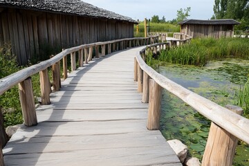 Obraz premium Wooden boardwalk path curves near lake, historical buildings