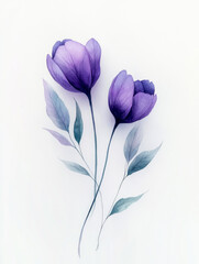 Delicate purple tulips elegantly arranged with graceful green leaves against a soft white background, capturing the essence of spring in a serene flat lay composition