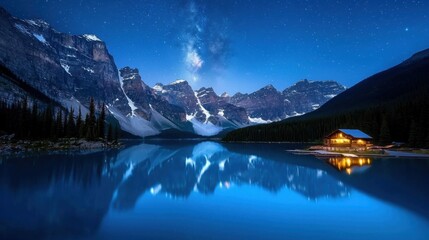 Naklejka premium A beautiful lake with mountains in the background and a cabin in the foreground