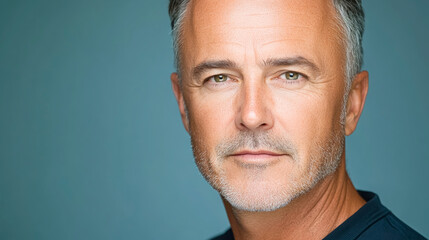 Fototapeta premium Professional shoulder headshot of a middle-aged man showcasing youthful features and healthy skin in a serene setting with soft lighting and a neutral background
