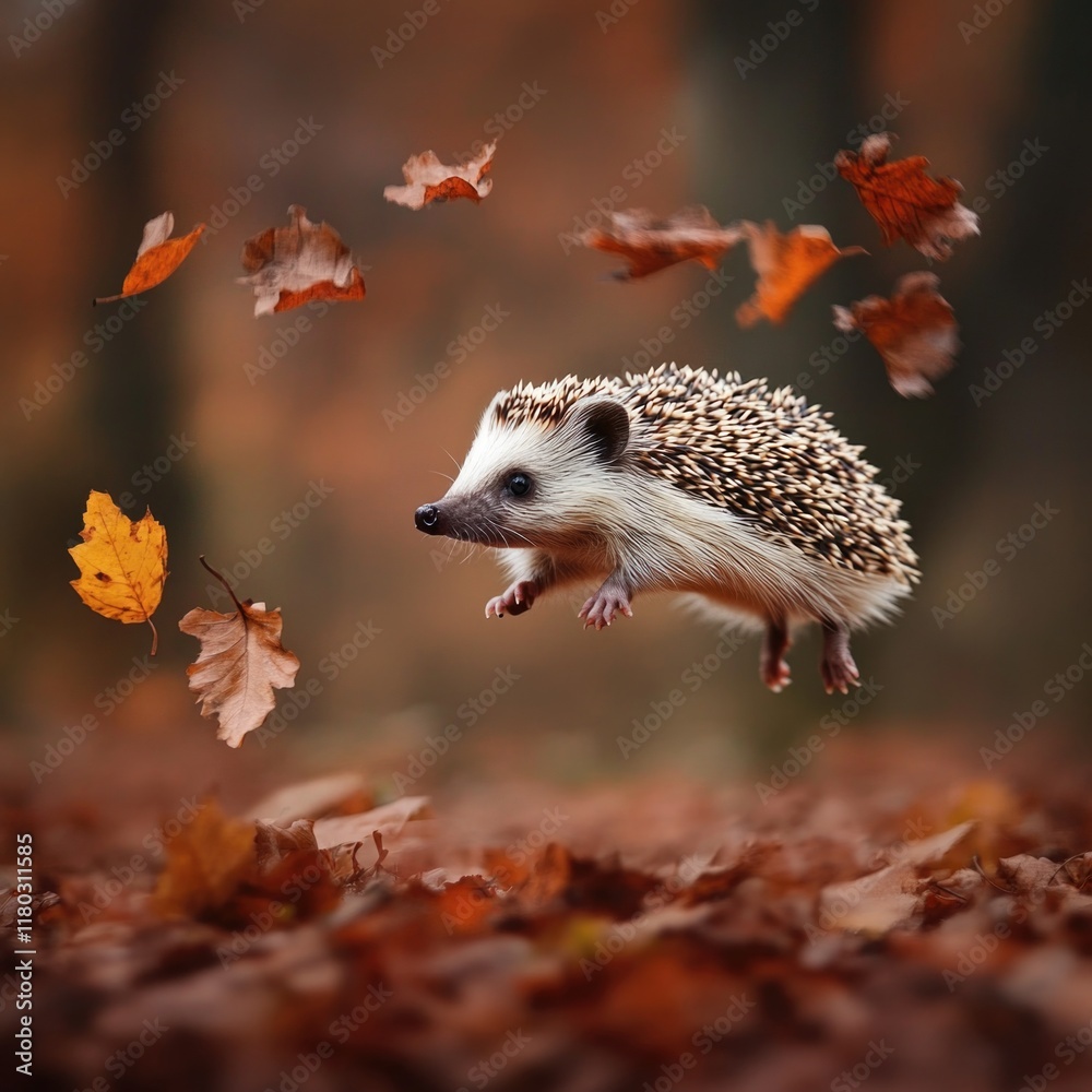 Poster a dynamic image of a hedge jumping high in the air, surrounded by flying leaves