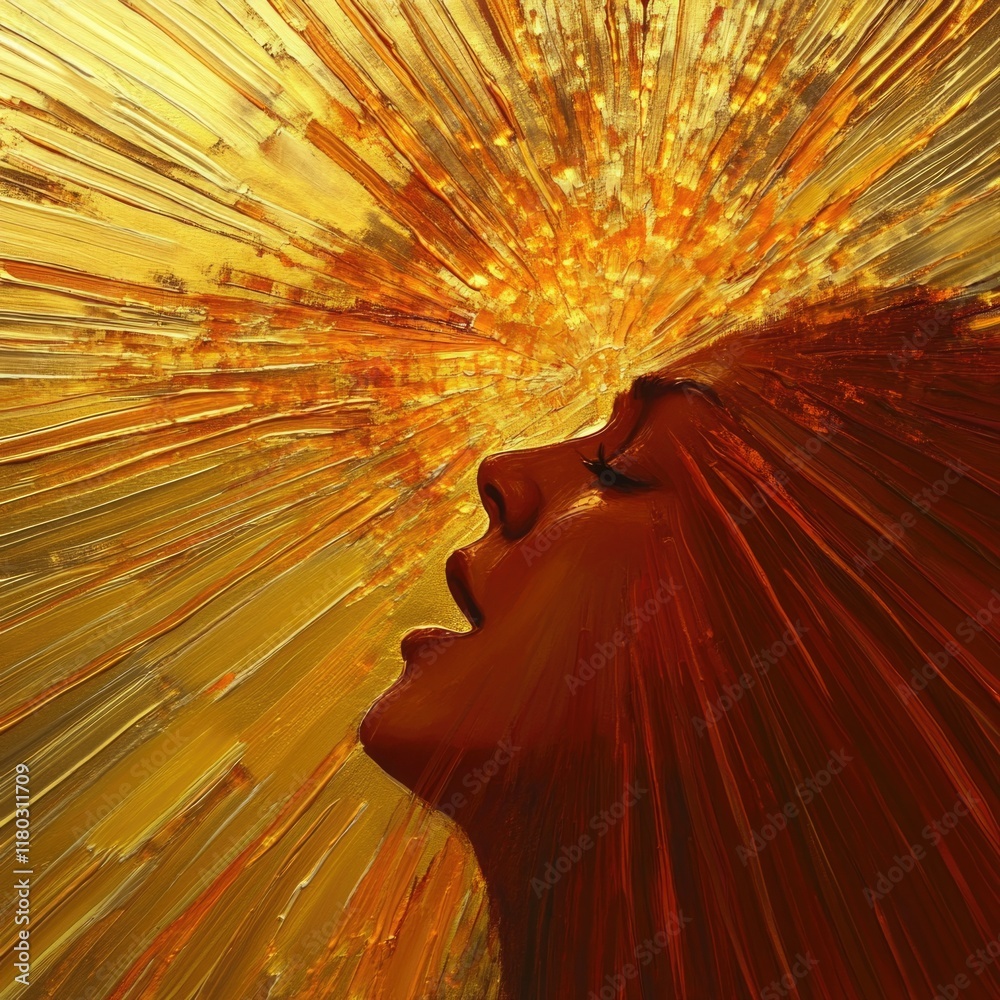 Poster a woman's face with a sunburst design or pattern in the background, suitable for use in illustration