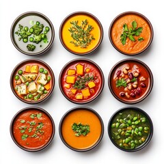 A vibrant assortment of nine bowls filled with colorful soups, garnished with fresh herbs and vegetables, showcasing a variety of flavors.