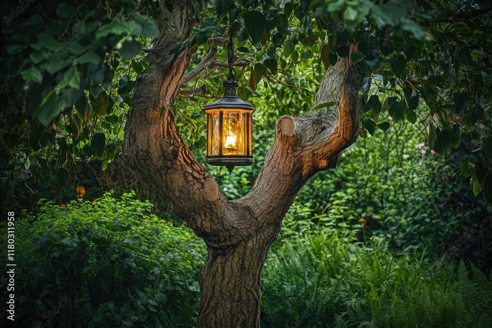 Aufkleber a lantern is hanging from the side of a tree, providing light in the dark