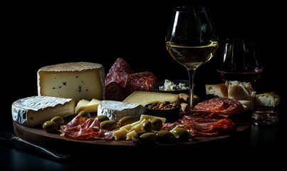 Delicious assortment of cheeses, olives and meats with wine glasses on a dark table.