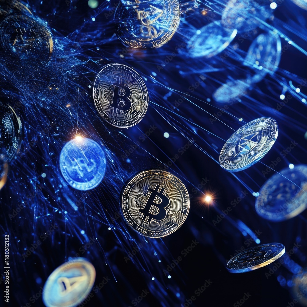 Poster a bunch of bitcoins hovering in mid-air, with a subtle glow