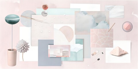 Soft pastel composition showcasing minimalistic art pieces and abstract shapes reflecting tranquility and modern design aesthetics