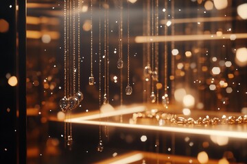 Close-up of a display case with diamond earrings