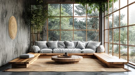 Modern living room interior design with sofa, coffee table and plant.