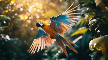 A vibrant parrot soars through lush foliage, sunlight glinting off its colorful wings, embodying the wild beauty and freedom of tropical jungles.