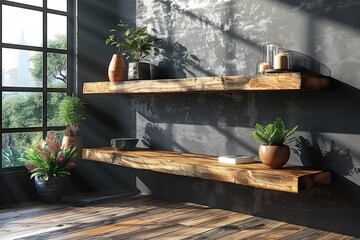 Interior of modern bathroom with gray walls, wooden floor, comfortable bathtub standing on wooden countertop.