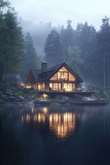 Fototapeta premium Lakefront cabin in forest